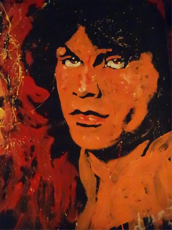LARGE DENNY DENT ACRYLIC PAINTING ON PAPER, JIM: LARGE DENNY DENT ACRYLIC PAINTING ON PAPER, JIM MORRISON PORTRAIT, SIGNED DENT AND DATED '95 LOWER RIGHT, UNFRAMED ON ROLLED PAPER, SMALL TEAR LOWER CENTER (DOES NOT AFFECT PORTRAIT IMAGE). APPROX 54"