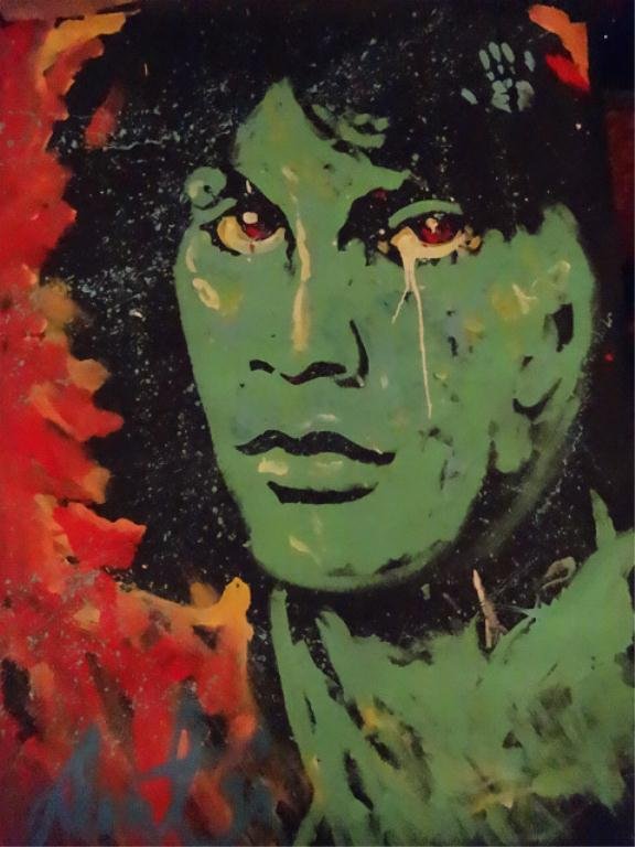 LARGE DENNY DENT ACRYLIC PAINTING ON PAPER, JIM: LARGE DENNY DENT ACRYLIC PAINTING ON PAPER, JIM MORRISON PORTRAIT IN GREEN #3 OF FOUR SIMILAR IN THIS AUCTION, SIGNED DENT AND DATED '93 LOWER LEFT, UNFRAMED ON ROLLED PAPER, VERY GOOD CONDITION WITH