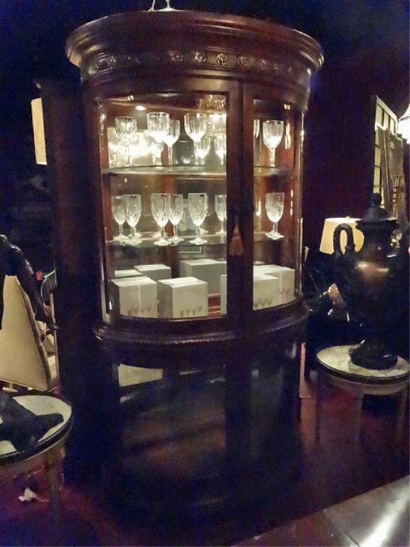 MICHAEL AMINI LIGHTED CABINET, 2 PC, BOWFRONT, GLASS: MICHAEL AMINI LIGHTED CABINET, 2 PC, BOWFRONT, GLASS DOORS AND SHELVES, MIRRORED BACK, APPROX 7' X 5', SKU838.1