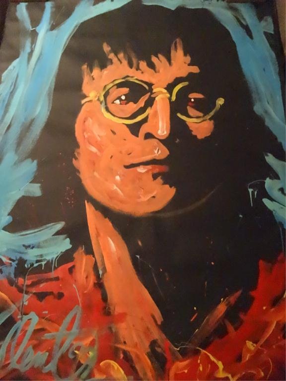LARGE DENNY DENT ACRYLIC PAINTING ON PAPER, JOHN LENNON: LARGE DENNY DENT ACRYLIC PAINTING ON PAPER, JOHN LENNON PORTRAIT, SIGNED AND DATED '92 LOWER LEFT, #1 OF TWO SIMILAR IN THIS AUCTION, EACH SOLD SEPARATELY, UNFRAMED ON ROLLED PAPER, APPROX 53" X 69" S