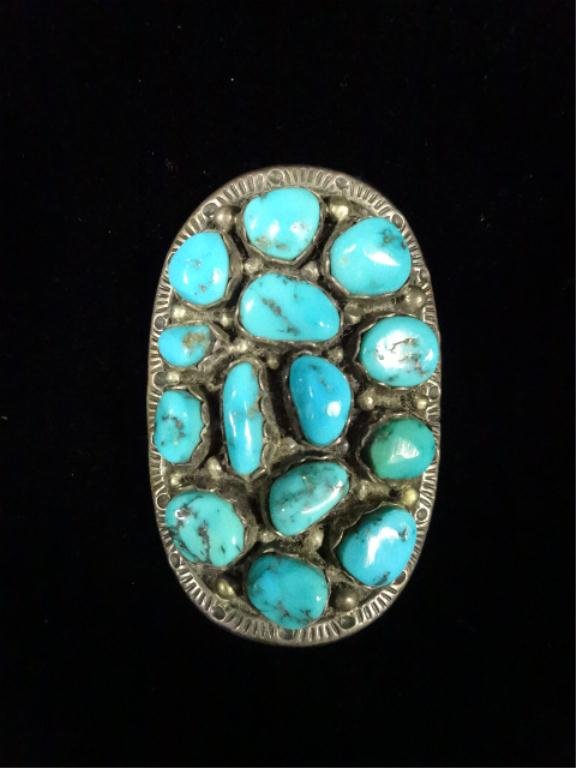 TURQUOISE & SILVER BOLA, 14 STONES, UNMARKED, APPROX: TURQUOISE & SILVER BOLA, 14 STONES, UNMARKED, APPROX 1.75" X 1.25", APPROX 19 GRAMS TOTAL WEIGHT, SKU541.05