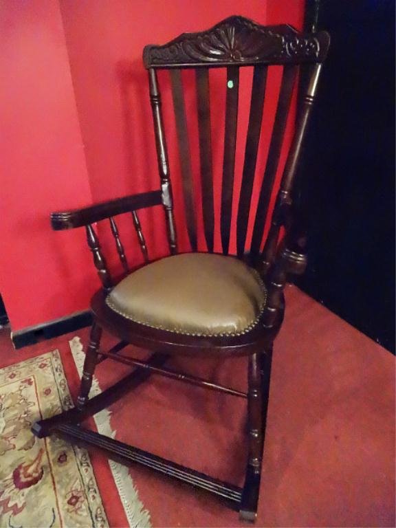 WOOD ROCKING CHAIR, LEATHER SEAT, DARK FINISH, SKU618: WOOD ROCKING CHAIR, LEATHER SEAT, DARK FINISH, SKU618