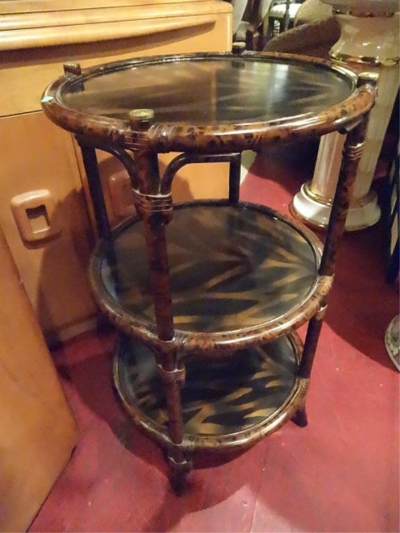 TORTOISE SHELL FINISH RATTAN TABLE, 3 TIERS, VERY GOOD: TORTOISE SHELL FINISH RATTAN TABLE, 3 TIERS, VERY GOOD CONDITION, APPROX 15"DIAMETER, SKU857.06