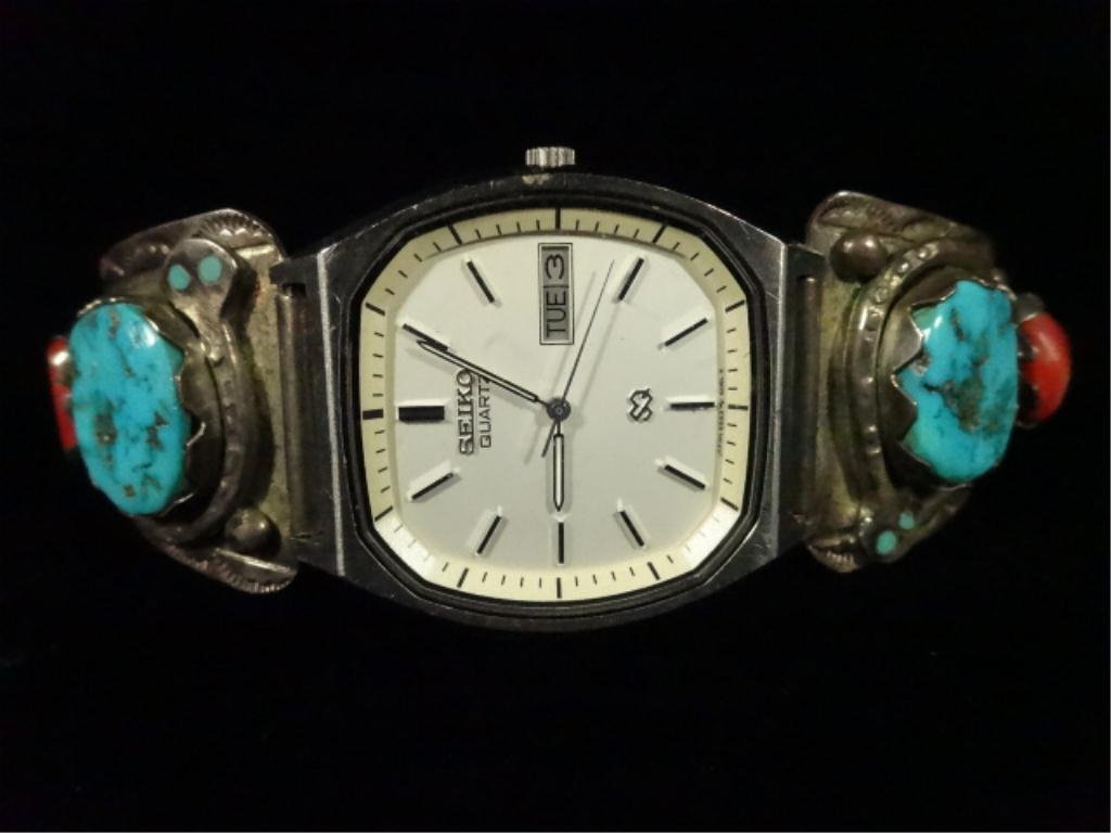 EFFIE CALAVAZA ZUNI TURQUOISE, CORAL & SILVER WATCH: EFFIE CALAVAZA ZUNI TURQUOISE, CORAL & SILVER WATCH TIPS, WITH SEIKO WATCH, SIGNED EFFIE C. ZUNI, SKU541.05