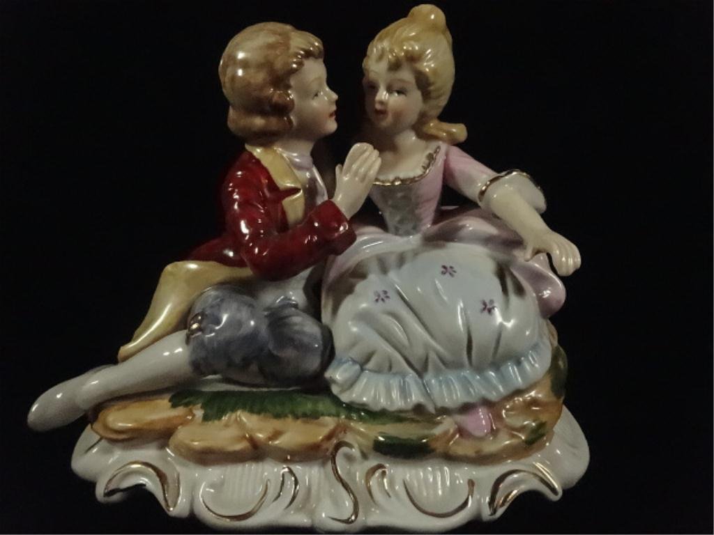 CAPODIMONTE STYLE PORCELAIN FIGURINE, SEATED BOY &: CAPODIMONTE STYLE PORCELAIN FIGURINE, SEATED BOY & GIRL, APPROX 5.75"H, SKU790.05