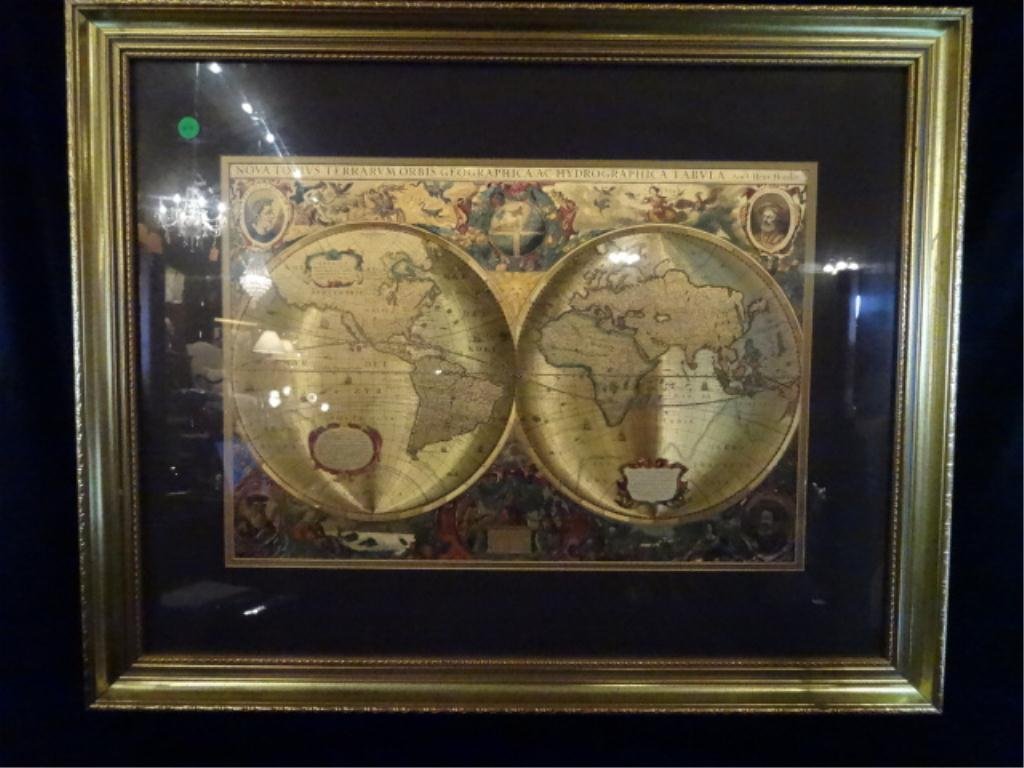 ANTIQUE REPRODUCTION WORLD MAP, GOLD FOIL, APPROX 25" X: ANTIQUE REPRODUCTION WORLD MAP, GOLD FOIL, APPROX 25" X 31" FRAMED, SKU868