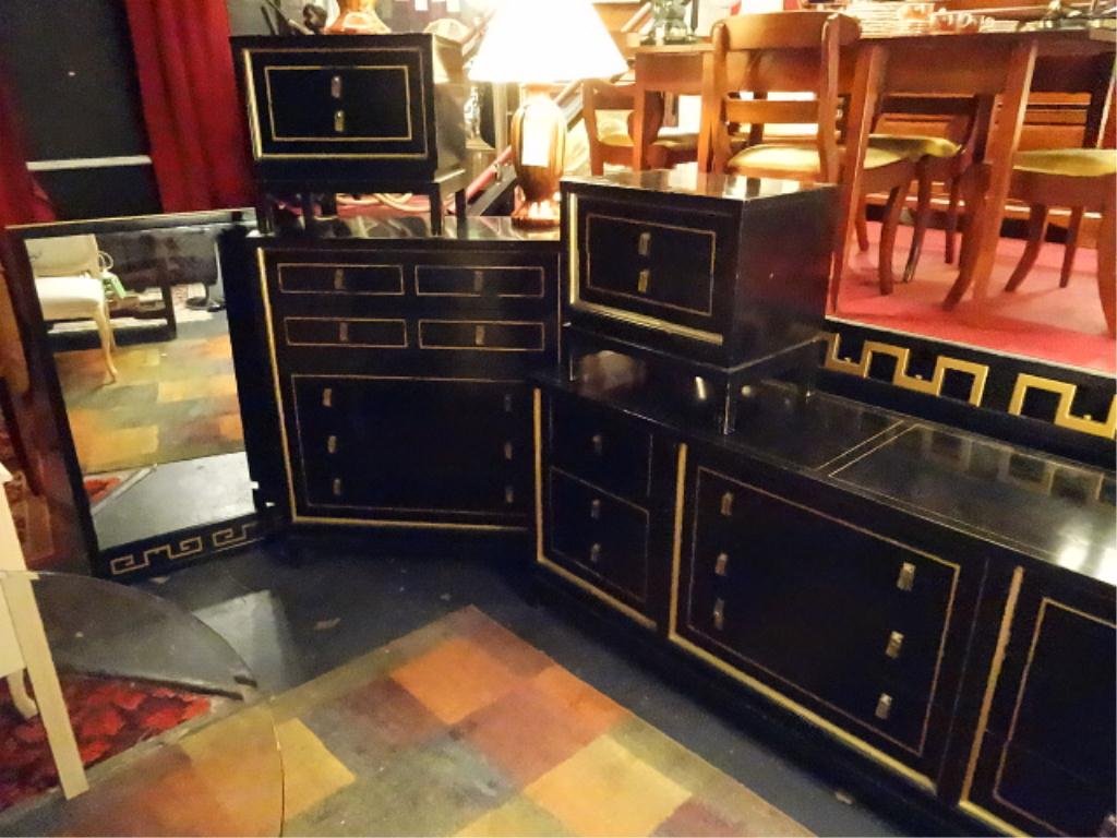 6 PC VINTAGE ASIAN MOTIF BEDROOM, INCLUDES FULL SIZE: 6 PC VINTAGE ASIAN MOTIF BEDROOM, INCLUDES FULL SIZE HEADBOARD, DRESSER, MIRROR, TALL CHEST, AND PAIR OF NIGHTSTANDS, BLACK AND GOLD ENAMEL, VERY GOOD VINTAGE CONDITION, SOME SURFACE FINISH WEAR, ONE