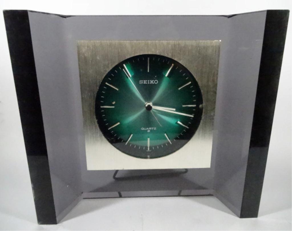 SEIKO CLOCK, SMOKED ACRYLIC FRAME, APPROX 9 5/8" X 11": SEIKO CLOCK, SMOKED ACRYLIC FRAME, APPROX 9 5/8" X 11" X 3"