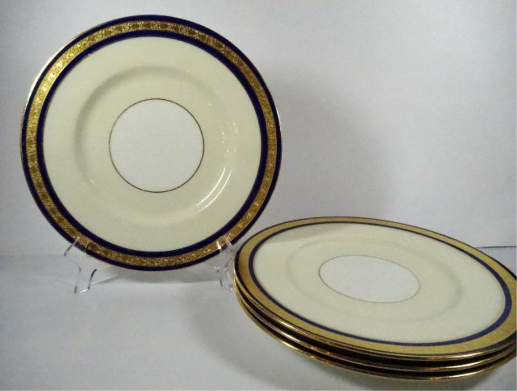 4 MINTON K163 CHINA PLATES, GOLD AND COBALT BAND ON: 4 MINTON K163 CHINA PLATES, GOLD AND COBALT BAND ON WHITE AND IVORY, MARKED MINTONS ENGLAND, VERY GOOD CONDITON NO CHIPS, 10 1/8"