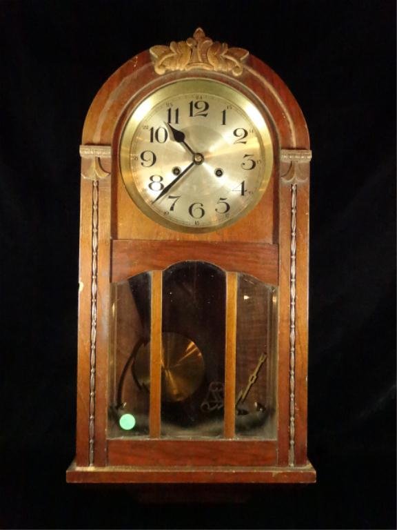 ANTIQUE WALL CLOCK, WITH KEY, MISSING SOME TRIM, APPROX: ANTIQUE WALL CLOCK, WITH KEY, MISSING SOME TRIM, APPROX 24"H