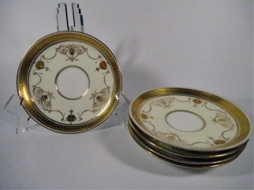5 MINTON CHINA SAUCERS, IVORY, GOLD AND WHITE, VERY: 5 MINTON CHINA SAUCERS, IVORY, GOLD AND WHITE, VERY GOOD CONDITION WITH NO CHIPS, MARKED MINTONS ENGLAND, 5 5/8"