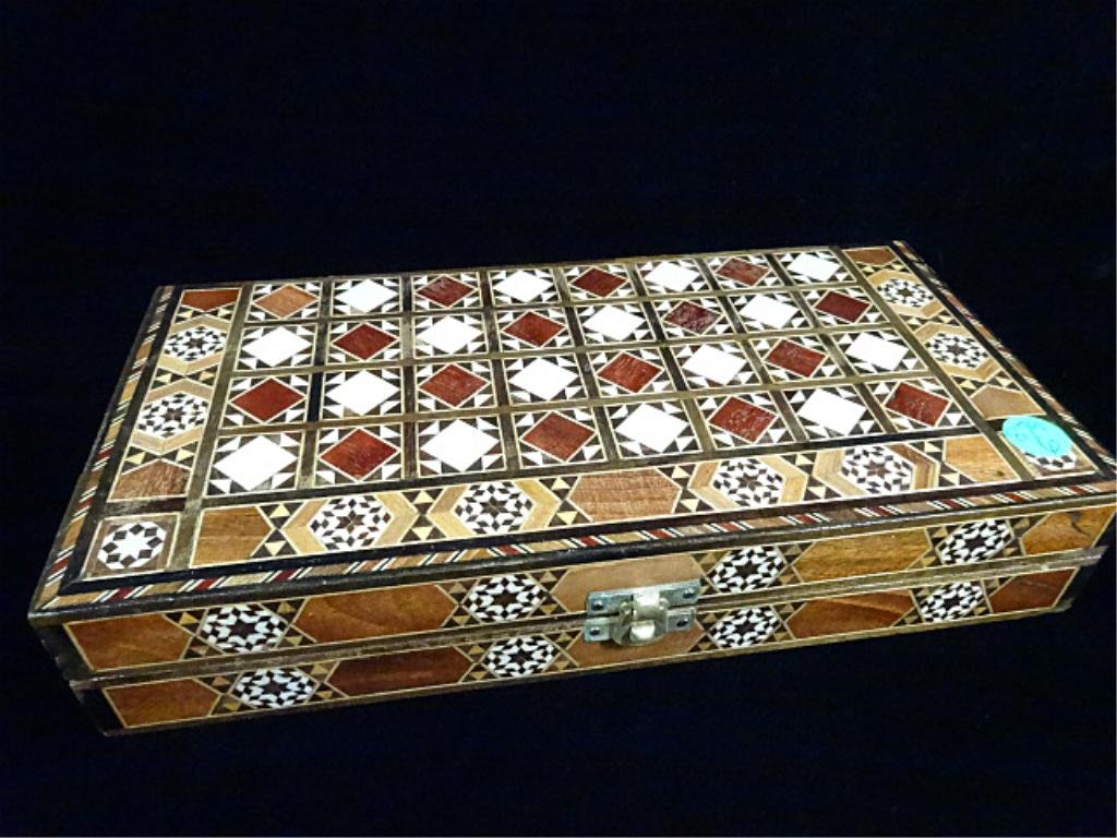 INLAID WOODEN GAME BOX WITH CHESS & BACKGAMMON PIECES: INLAID WOODEN GAME BOX WITH CHESS & BACKGAMMON PIECES (NO DICE), APPROX 2.25" X 11.75" X 6"