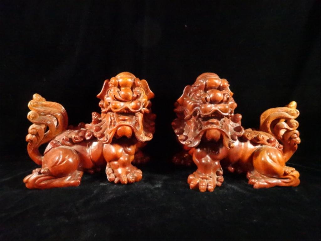 PAIR CHINESE CARVED WOOD FOO DOGS, APPROX 8" X 9": PAIR CHINESE CARVED WOOD FOO DOGS, APPROX 8" X 9"