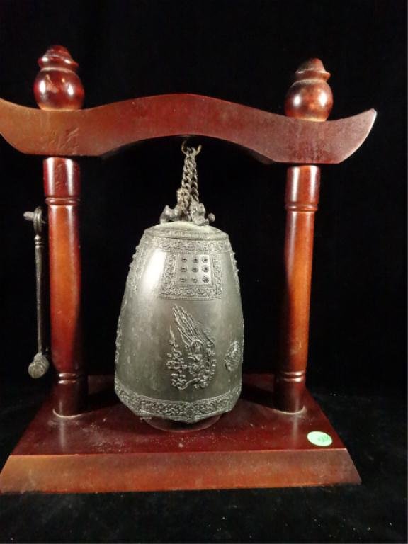 BUDDHIST BRONZE TEMPLE BELL ON WOOD STAND, APPROX 13"H: BUDDHIST BRONZE TEMPLE BELL ON WOOD STAND, APPROX 13"H
