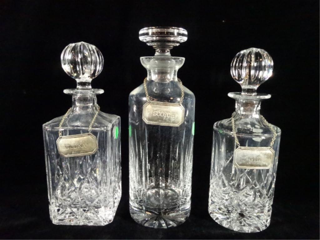 3 PC BLOCK CRYSTAL DECANTERS, WITH VODKA, SCOTCH & GIN