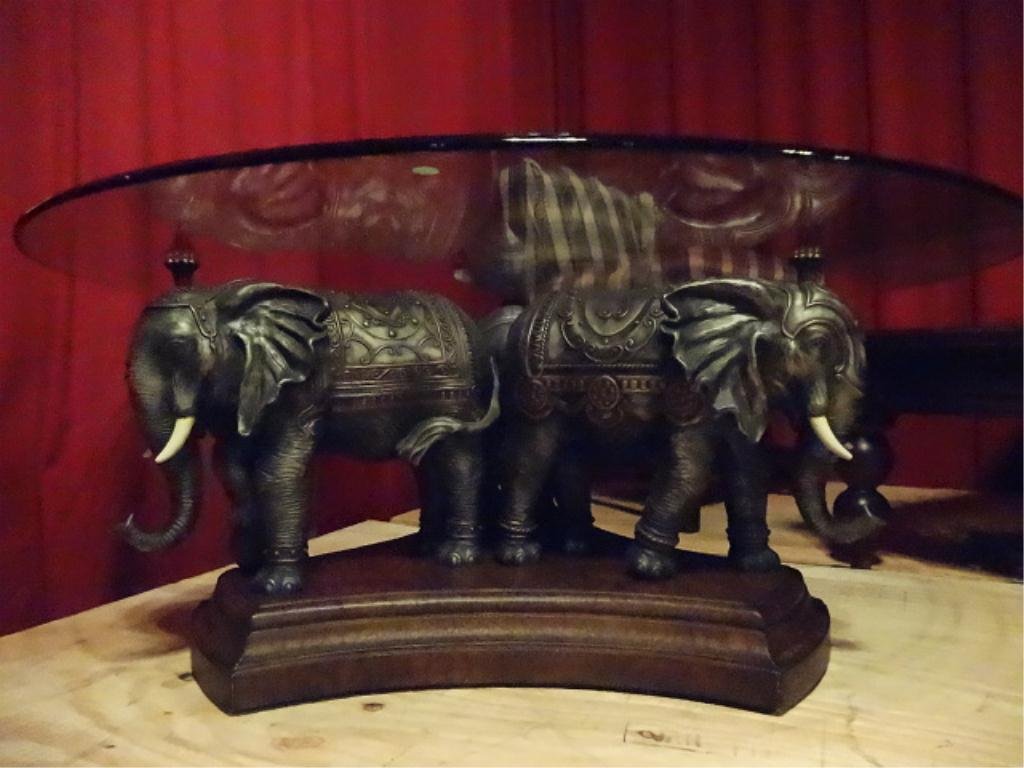 ELEPHANT BASE COFFEE TABLE, 3 COMPOSITE ELEPHANTS: ELEPHANT BASE COFFEE TABLE, 3 COMPOSITE ELEPHANTS SUPPORT ROUND GLASS TOP, EXCELLENT CONDITION, APPROX 32" ROUND TOP, SKU890.02