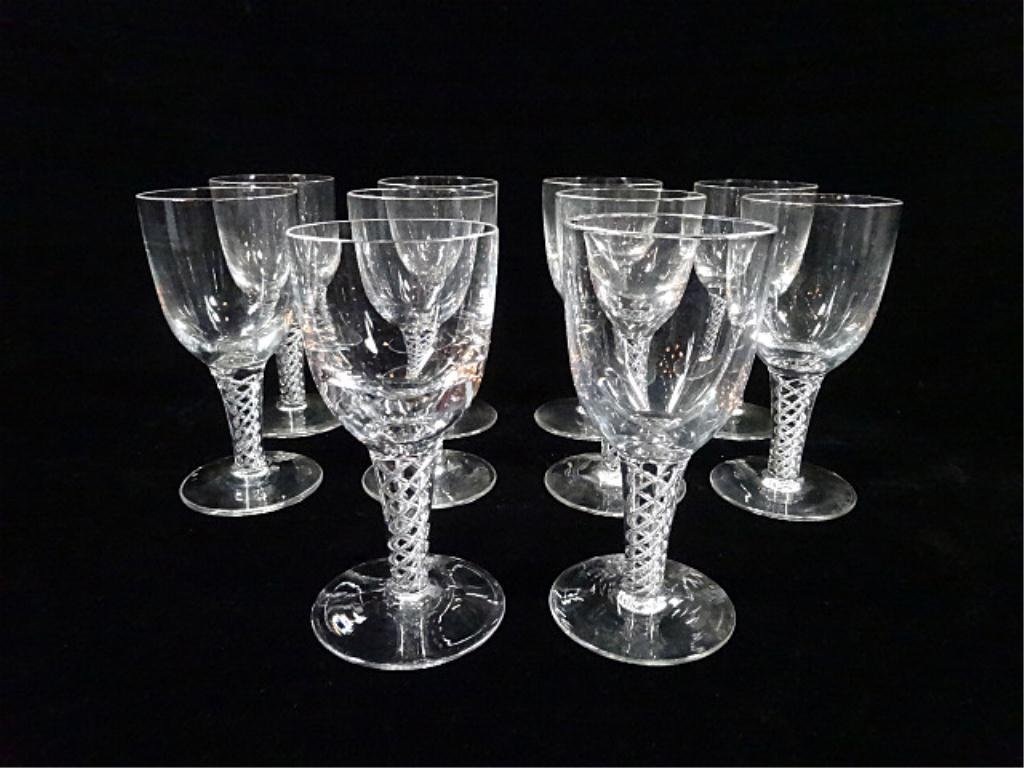 10 PC STUART CRYSTAL AIR TWIST SMOOTH STEM GLASSES,: 10 PC STUART CRYSTAL AIR TWIST SMOOTH STEM GLASSES, ETCHED STUART ENGLAND MARK, 4 3/8"H, VERY GOOD CONDITION NO CHIPS, SKU885