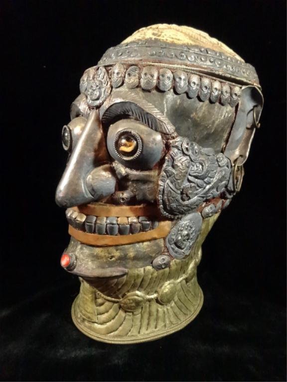 ANTIQUE TIBETAN KAPALA SACRED HUMAN SKULL, DECORATED IN: ANTIQUE TIBETAN KAPALA SACRED HUMAN SKULL, DECORATED IN SEMI-PRECIOUS STONE & GLASS WITH REPOUSSE METALWORK, INTRICATELY HANDCARVED HINGED HUMAN SKULL CAP, USED IN TANTRIC HIMALAYAN BUDDHIST SACRED RI