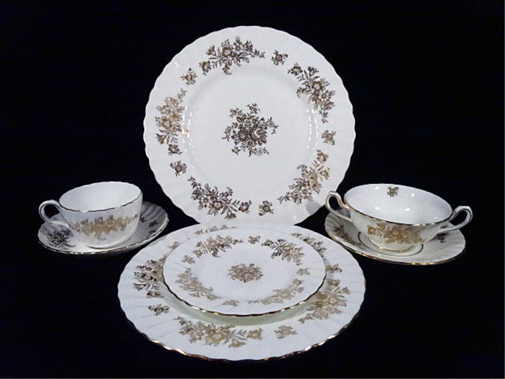 53 PC MINTON MARLOW GOLD H5017 CHINA, WHITE AND GOLD,: 53 PC MINTON MARLOW GOLD H5017 CHINA, WHITE AND GOLD, INCLUDES 5 PLATES, 5 BREAD PLATES, 4 LUNCH PLATES, 1 SALAD PLATE, 13 CUPS, 9 CREAM SOUPS, 6 SAUCERS, 10 SAUCERS, MARKED MINTONS MADE IN ENGLAND, V