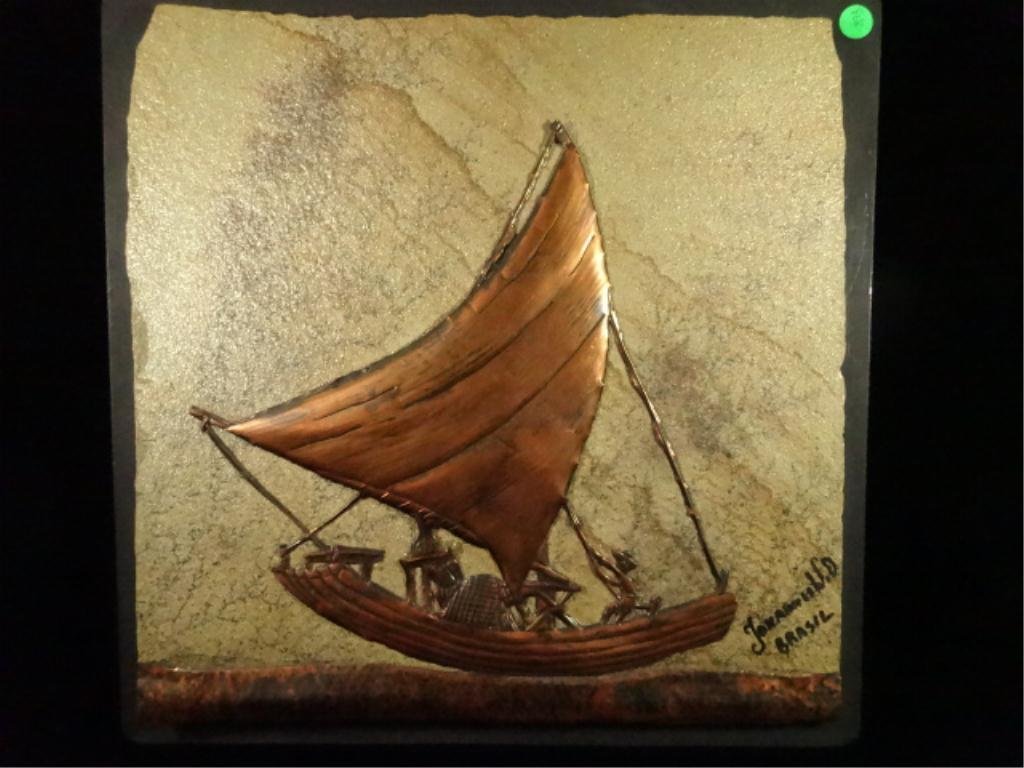 JOHANNES WILHELMUS VAN DARTELEN COPPER ON STONE: JOHANNES WILHELMUS VAN DARTELEN COPPER ON STONE ARTWORK, SAILBOAT, COPPER HANDWORK ON DENDRITE, APPROX 17.5" X 17.5" FRAMED, SKU868
