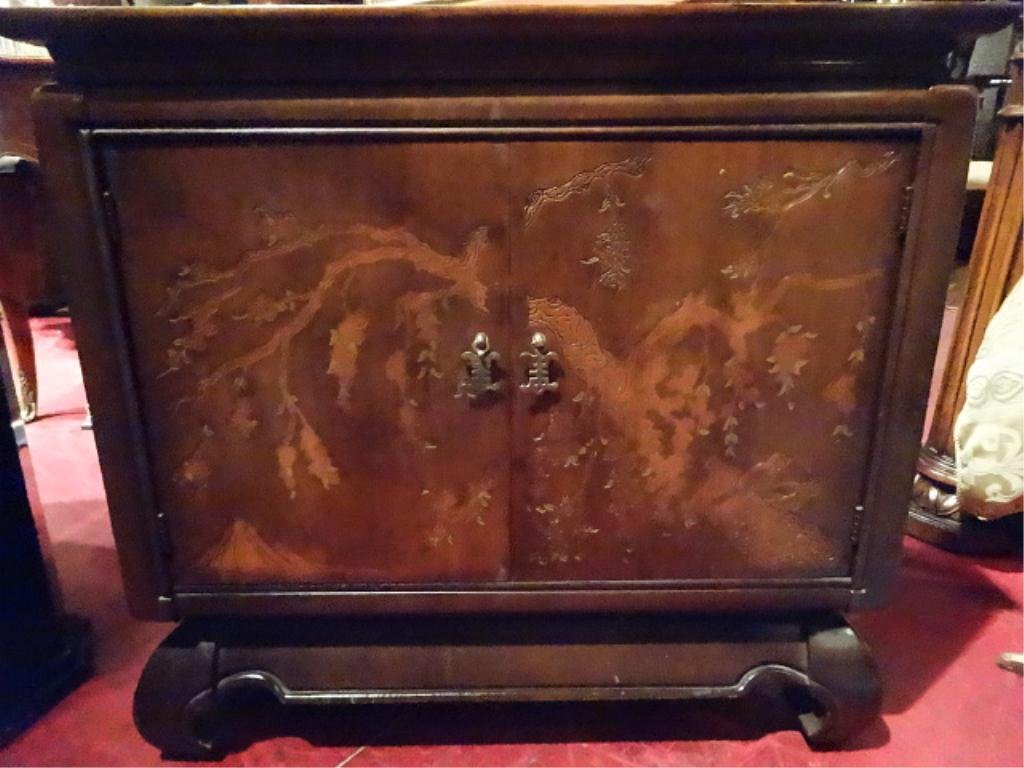 ASIAN MOTIF 2 DOOR WOOD CHEST, CARVED AND PAINTED: ASIAN MOTIF 2 DOOR WOOD CHEST, CARVED AND PAINTED FLOWERING TREES ON DOOR PANELS, BRASS PULLS, VERY GOOD CONDITION WITH SOME LIGHT SURFACE WEAR ON TOP, APPROX 3' X 30" X 20", SKU813.17