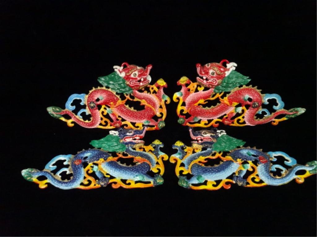 4 PAINTED METAL TIBETAN DRAGON WALL PLAQUES, APPROX 9": 4 PAINTED METAL TIBETAN DRAGON WALL PLAQUES, APPROX 9" X 5"