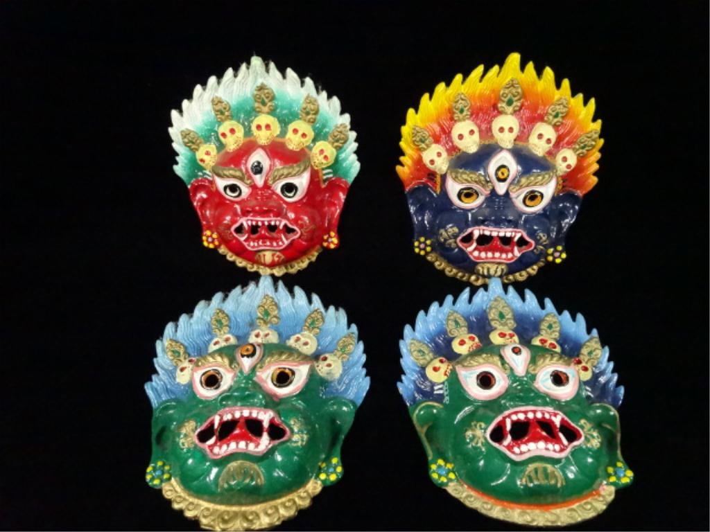 4 PAINTED METAL BALINESE MASK WALL PLAQUES, APPROX 5.5": 4 PAINTED METAL BALINESE MASK WALL PLAQUES, APPROX 5.5" X 5"