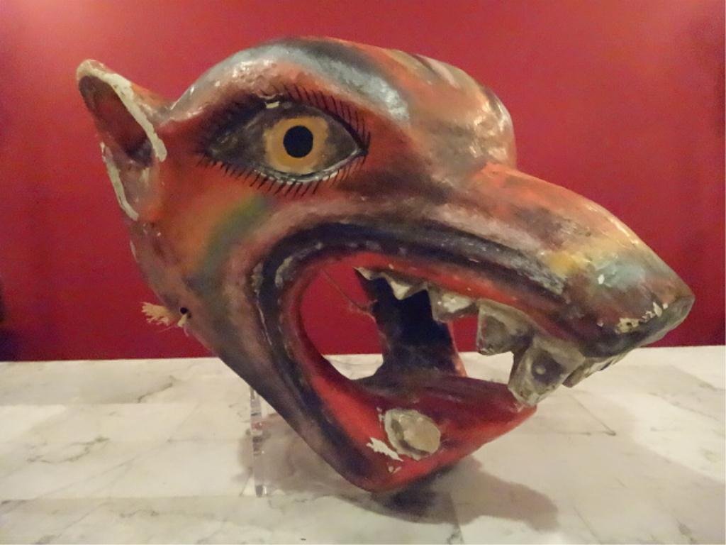 BALINESE WOOD ANIMAL HEAD MASK, ELABORATELY PAINTED,: BALINESE WOOD ANIMAL HEAD MASK, ELABORATELY PAINTED, VERY GOOD CONDITION WITH SOME CHIPS TO TEETH, 8.5"H X 9"D, SKU895
