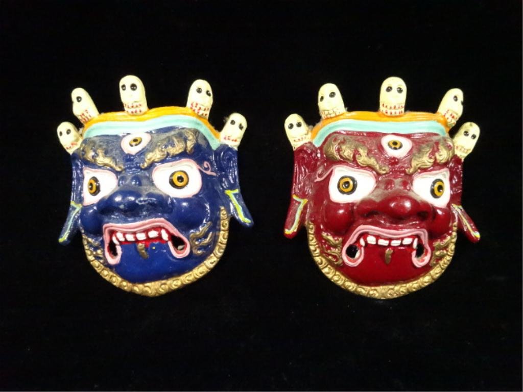 2 PAINTED METAL BALINESE MASK WALL PLAQUES, APPROX 4" X: 2 PAINTED METAL BALINESE MASK WALL PLAQUES, APPROX 4" X 4"