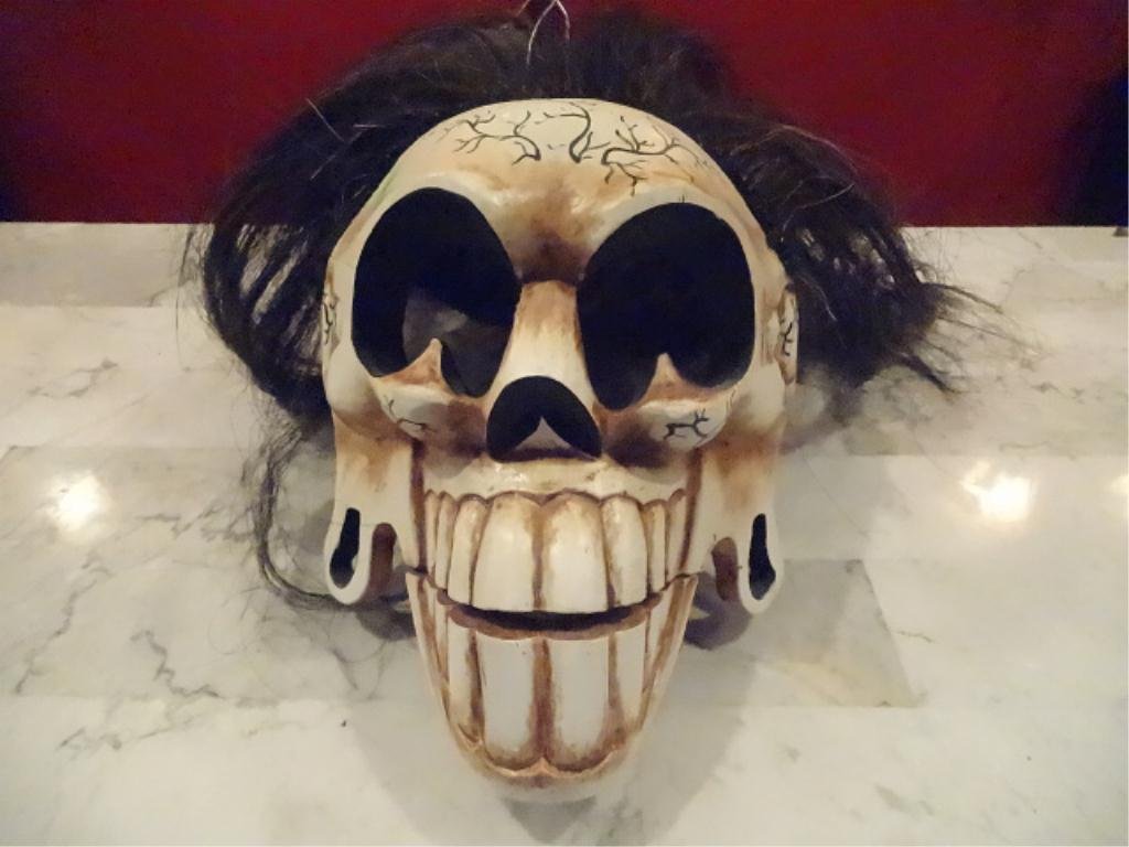 BALINESE WOOD SKULL MASK, WHITEPAINTED FINISH, WITH: BALINESE WOOD SKULL MASK, WHITEPAINTED FINISH, WITH SKULL CAP AND WATER BUFFALO HAIR, ROUNDED EARS, #2 OF TWO SIMILAR AVAILABLE THIS AUCTION, 9" X 7", SKU895