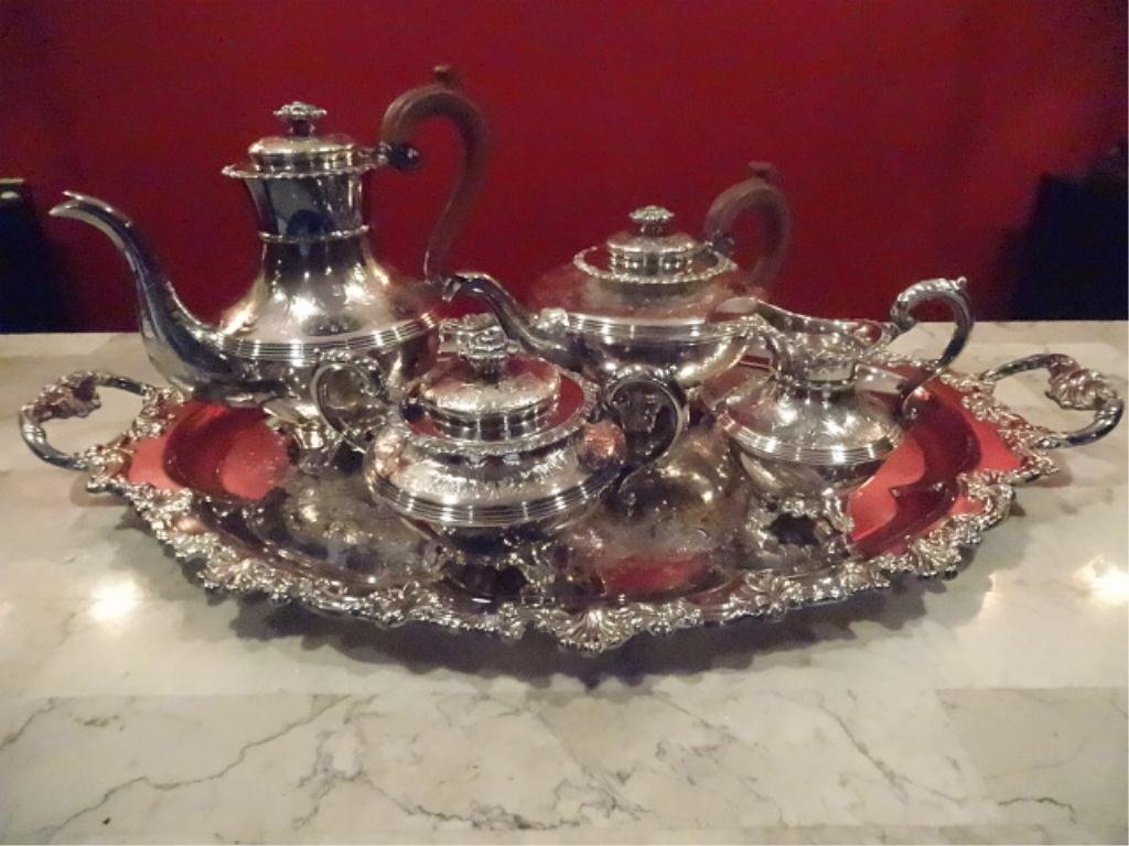 ENGLISH SILVER PLATE TEA AND COFFEE SET, 5 PC, INCLUDES: ENGLISH SILVER PLATE TEA AND COFFEE SET, 5 PC, INCLUDES COFEEPOT, TEAPOT, CREAMER, SUGAR, AND TRAY, MARKED ENGLAND, TRAY MEASURES 28" X 18", SKU910.01