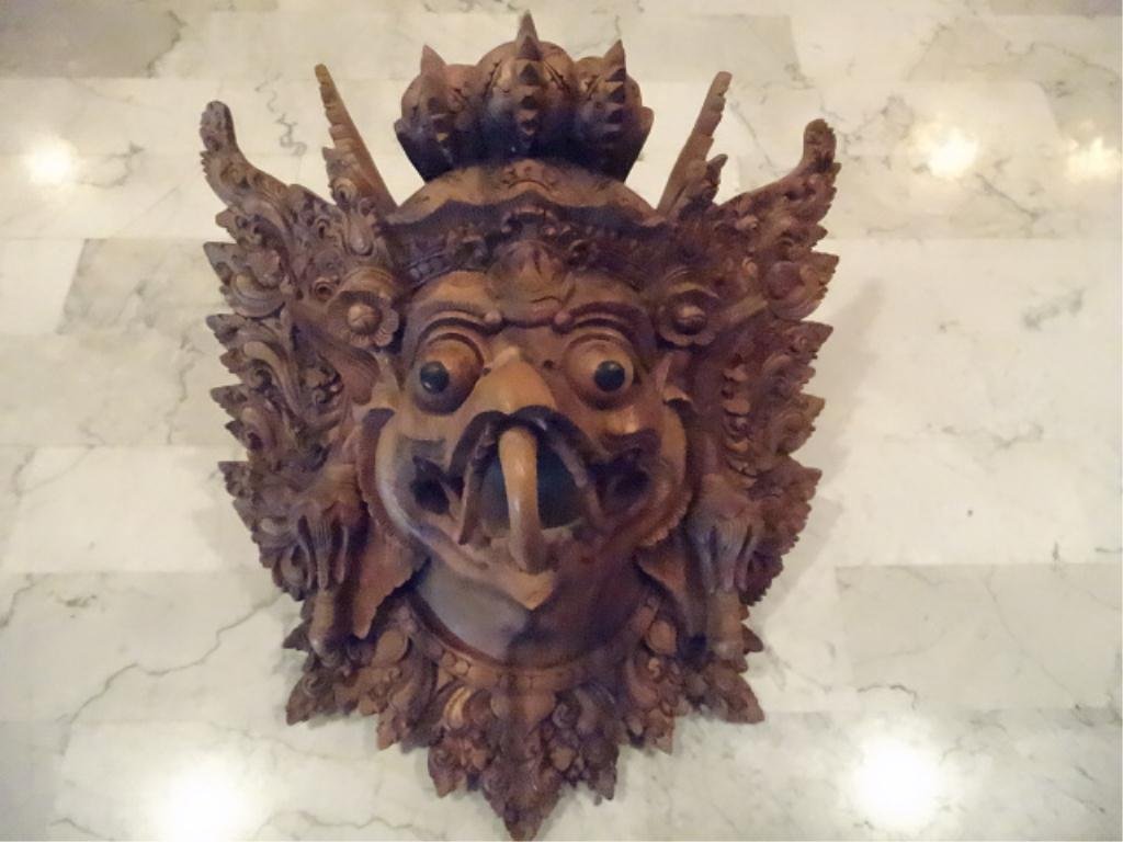 BALINESE CARVED WOOD BARONG MASK, FINELY CARVED, 12" X: BALINESE CARVED WOOD BARONG MASK, FINELY CARVED, 12" X 14", SKU895