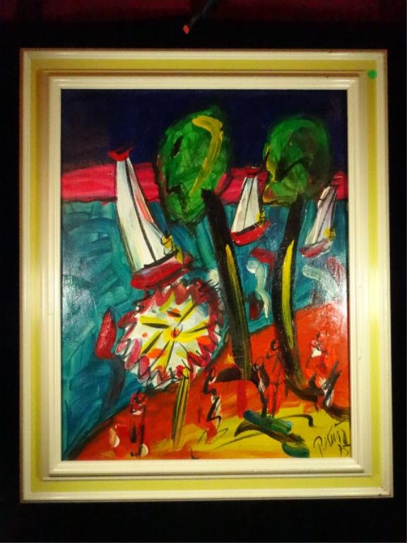 PETER KEIL (GERMAN, 1942), ACRYLIC PAINTING ON CANVAS,: PETER KEIL (GERMAN, 1942), ACRYLIC PAINTING ON CANVAS, LAKE WANNSEE 1975, SIGNED & DATED LOWER RIGHT, TITLED ON VERSO, APPROX 1" SCRATCH LOWER LEFT SIDE, APPROX 33" X 27" FRAMED