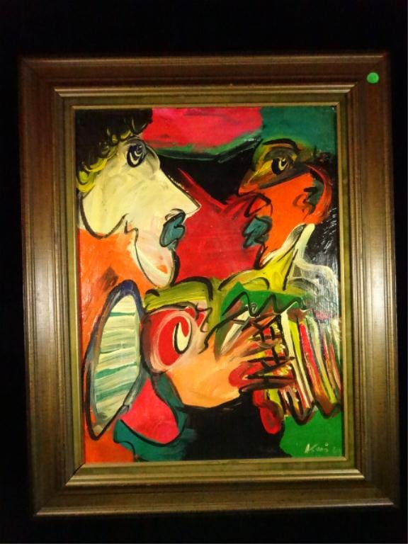 PETER KEIL (GERMAN, 1942), ACRYLIC PAINTING ON BOARD,: PETER KEIL (GERMAN, 1942), ACRYLIC PAINTING ON BOARD, ACCORDION PLAYING CLOWNS 1965, SIGNED & DATED LOWER RIGHT, TITLED, SIGNED & DATED ON VERSO, APPROX 31" X 25" FRAMED
