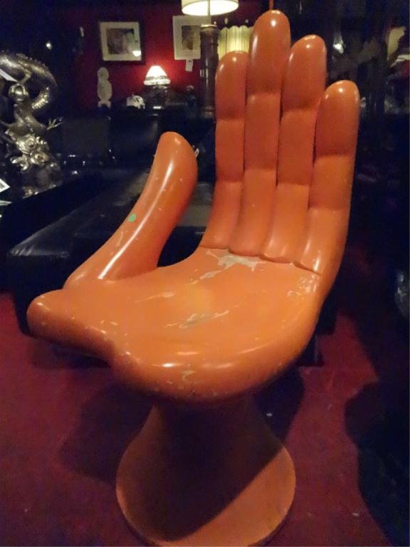 STYLE OF PEDRO FRIEDEBERG HAND CHAIR, 1970'S, SOLID: STYLE OF PEDRO FRIEDEBERG HAND CHAIR, 1970'S, SOLID WOOD, ORIGINAL ORANGE FINISH, VERY GOOD SOLID VINTAGE CONDITION, SOME LOSS OF PAINT, UNMARKED, APPROX 35" X 20" X 21"