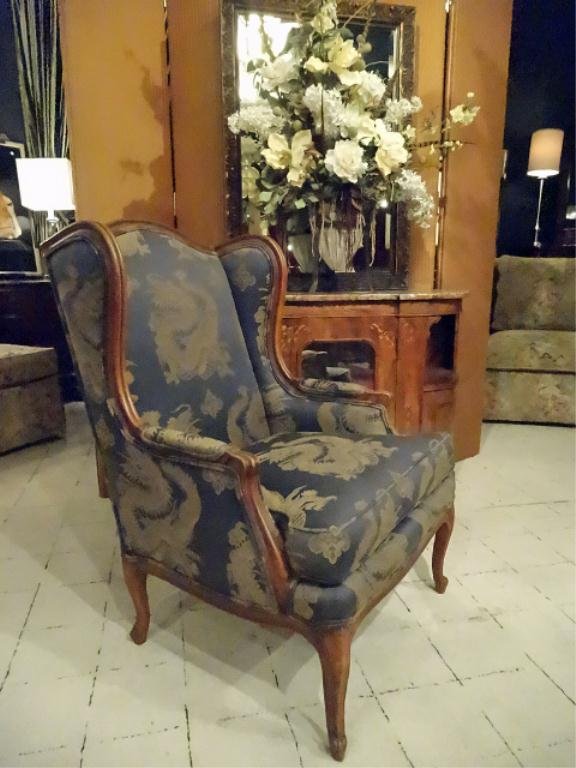 FRENCH STYLE WING CHAIR, WOOD FRAME, CHARCOAL/BLACK: FRENCH STYLE WING CHAIR, WOOD FRAME, CHARCOAL/BLACK UPHOLSTERY WITH GOLD DRAGONS, EXCELLENT CONDITION, SKU887.01