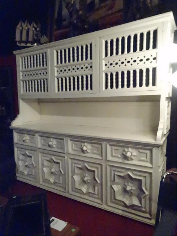 SPANISH COLONIAL STYLE WOOD HUTCH, 2 PC, THREE DOOR: SPANISH COLONIAL STYLE WOOD HUTCH, 2 PC, THREE DOOR HUTCH TOP OVER 4 LOWER DRAWERS AND 4 CABINETS, PAINTED WHITE FINISH, EXCELLENT CONDITION, APPROX 7' X 6.5'