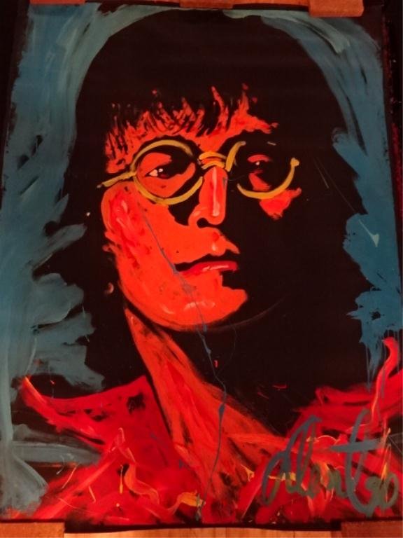LARGE DENNY DENT ACRYLIC PAINTING ON PAPER, PORTRAIT OF: LARGE DENNY DENT ACRYLIC PAINTING ON PAPER, PORTRAIT OF JOHN LENNON, SIGNED DATED '90 LOWER RIGHT, UNFRAMED ON ROLLED PAPER, VERY GOOD CONDITION, APPROX 54" X 70", SKU844