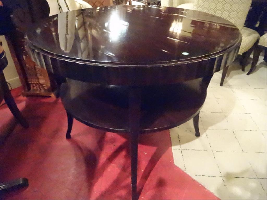 BARBARA BARRY FOR BAKER CENTER TABLE, FLUTED SIDED,: BARBARA BARRY FOR BAKER CENTER TABLE, FLUTED SIDED, HAND PLANED TABLE TOP WITH UNTERTIER, MAHOGANY FINISH, SINGLE DRAWER, MODEL 3465, 38"H X 30"DIAMETER, SKU916