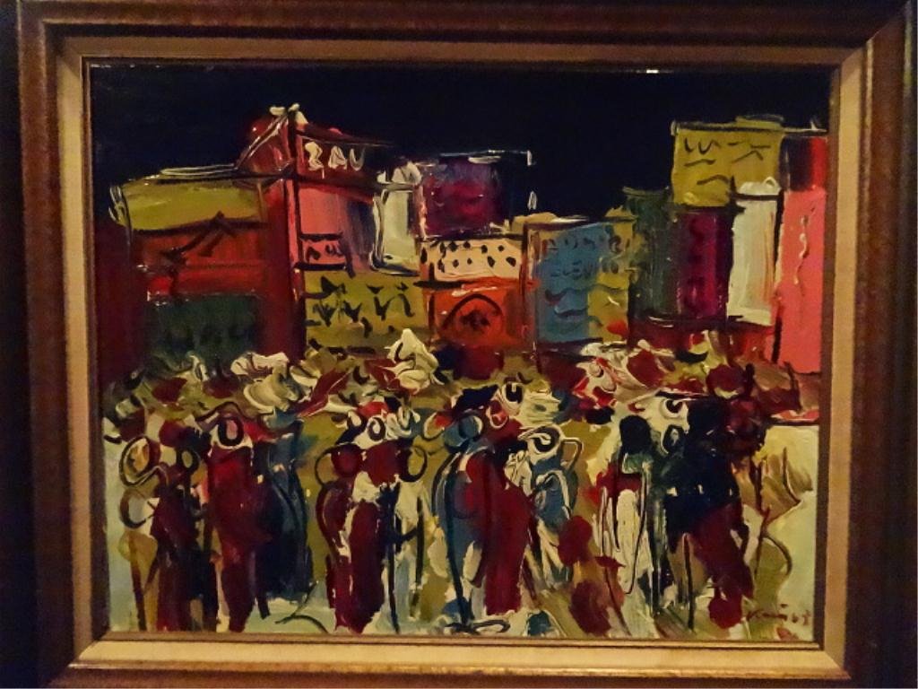 LARGE PETER KEIL ACRYLIC PAINTING ON CANVAS, CITYSCAPE: LARGE PETER KEIL ACRYLIC PAINTING ON CANVAS, CITYSCAPE SCENE, SIGNED AND DATED '69 LOWER RIGHT, 30" X 36" FRAMED, SKU890.11