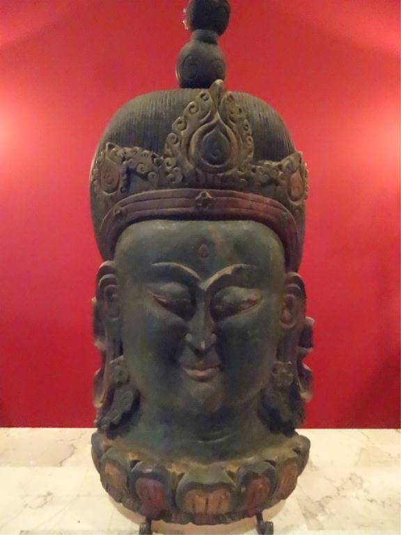 LARGE BALINESE CARVED WOOD BUDDHA MASK, HAND PAINTED: LARGE BALINESE CARVED WOOD BUDDHA MASK, HAND PAINTED GREEN FINISH, 29"H X 15"W