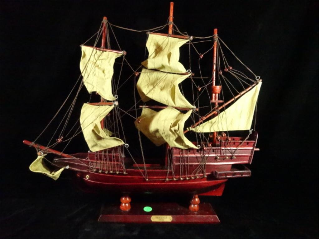 WOODEN SHIP MODEL OF THE REVENGE, NAME PLAQUE READS: WOODEN SHIP MODEL OF THE REVENGE, NAME PLAQUE READS "REVENGE 1577", APPROX 19" X 20.5", SKU895