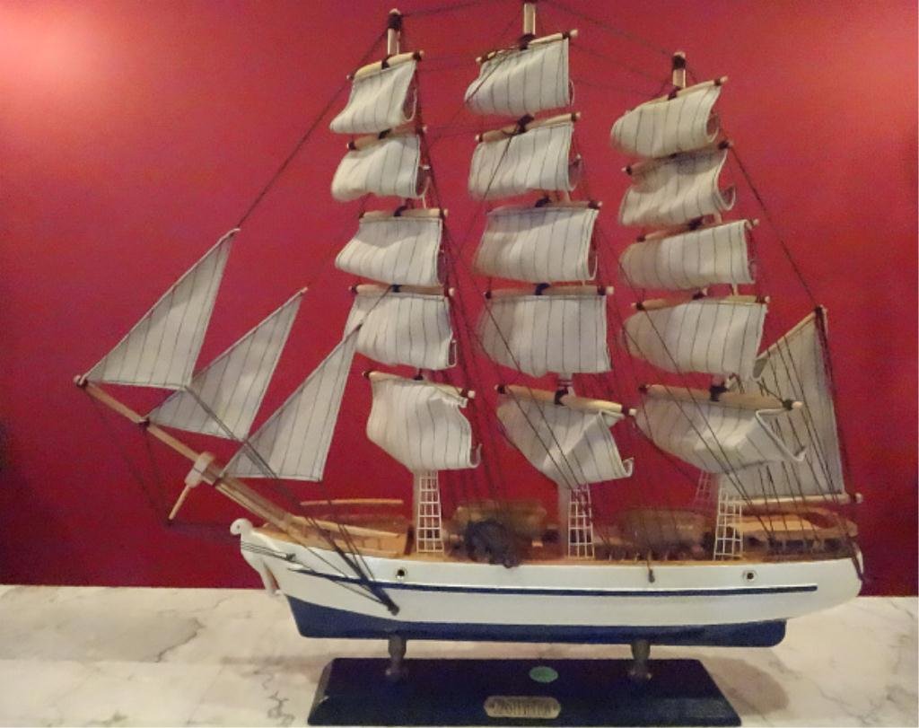 WOOD TALL SHIP MODEL, WHITE HULL WITH BLACK STRIPE,: WOOD TALL SHIP MODEL, WHITE HULL WITH BLACK STRIPE, LABELED CONSTITUTION, 19"H X 20"W, SKU895