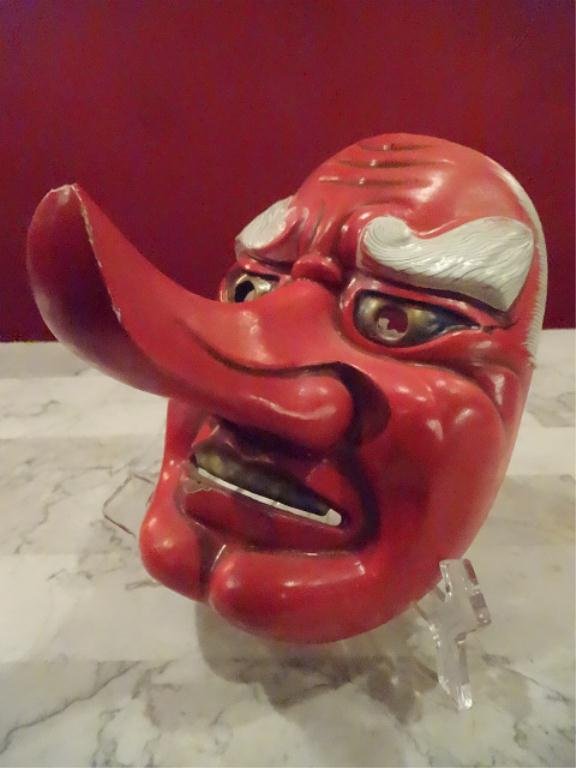 ASIAN CARVED WOOD TENGU MASK, LONG NOSE, RED PAINTED Lot 166