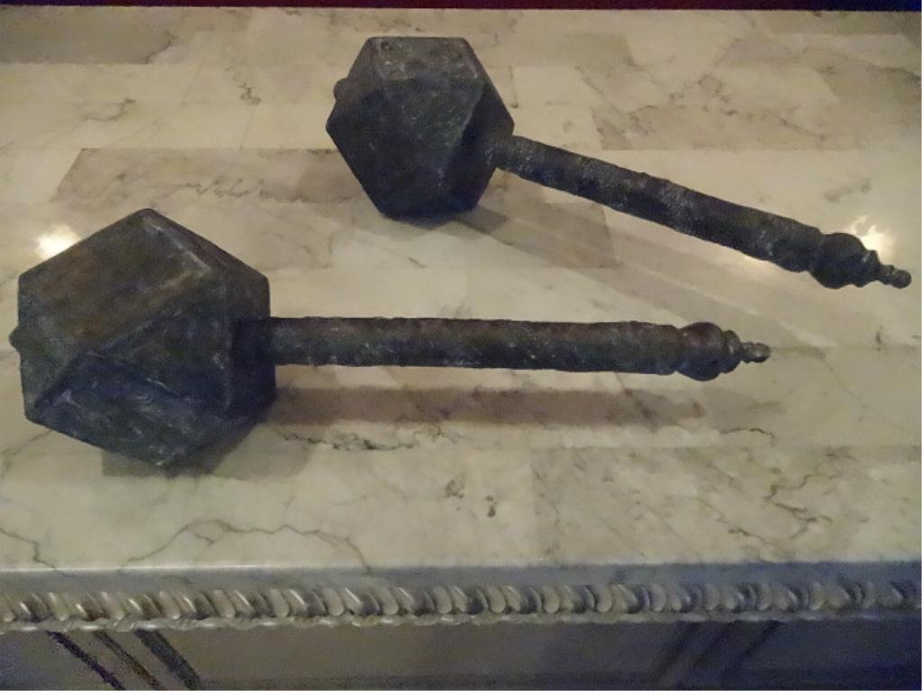 PAIR CHINESE METAL HAMMER WEAPONS, MULTI SIDED POMMEL,: PAIR CHINESE METAL HAMMER WEAPONS, MULTI SIDED POMMEL, 14"W, SKU895