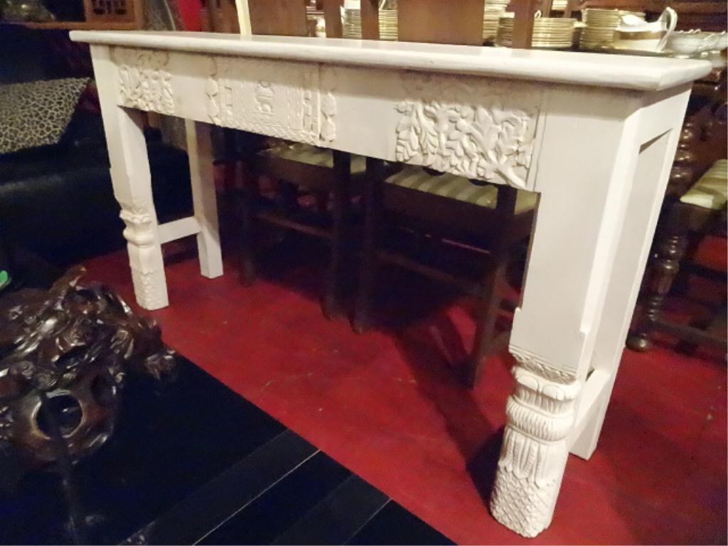 INDONESIAN CARVED WOOD CONSOLE TABLE, CARVED APRON AND: INDONESIAN CARVED WOOD CONSOLE TABLE, CARVED APRON AND LEGS, IMPORTED BY NADEAU FURNITURE, EXCELLENT CONDITION, 56"W X 32"H X 14"D
