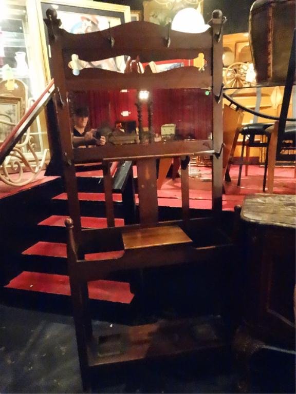 ANTIQUE INLAID WOOD HALL TREE WITH MIRROR, CENTER BOX: ANTIQUE INLAID WOOD HALL TREE WITH MIRROR, CENTER BOX FLANKED BY 2 UMBRELLA STANDS, UPPER PORTION HOLDS COAT RACKS, APPROX 6.5' X 3', SKU854.2