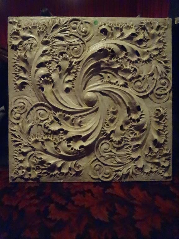 LOUIS SULLIVAN ARCHITECTURAL PLAQUE, FROM THE: LOUIS SULLIVAN ARCHITECTURAL PLAQUE, FROM THE RESTORATION OF THE CHICAGO AUDITORIUM BUILDING DESIGNED BY LOUIS H. SULLIVAN, COMPOSITION MATERIAL, ORIGINAL PLAQUES ACCENTED THE GRAND STAIRCASE, #1 OF T