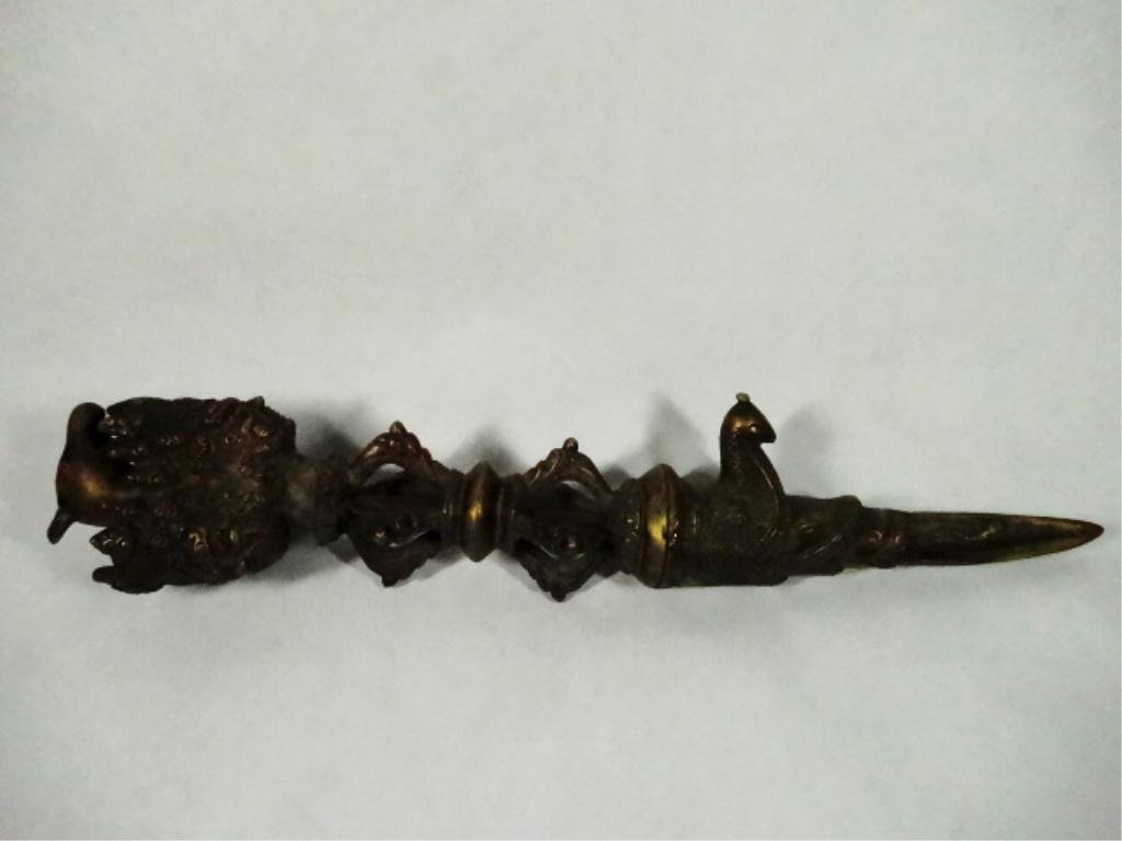 BRONZE CHINESE TIBETAN PHURBA CEREMONIAL STAKE, USED IN: BRONZE CHINESE TIBETAN PHURBA CEREMONIAL STAKE, USED IN BUDDHIST RITUALS, TRIANGULAR BLADE WITH SNAKE DESIGN, APPROX 14.5"L, SKU895