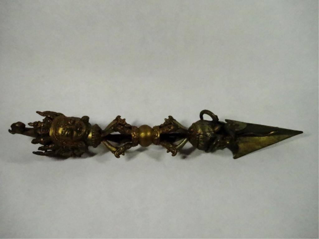 LARGE BRONZE CHINESE TIBETAN PHURBA CEREMONIAL STAKE,: LARGE BRONZE CHINESE TIBETAN PHURBA CEREMONIAL STAKE, USED IN BUDDHIST RITUALS, TRIANGULAR BLADE, APPROX 16.75"L, SKU895